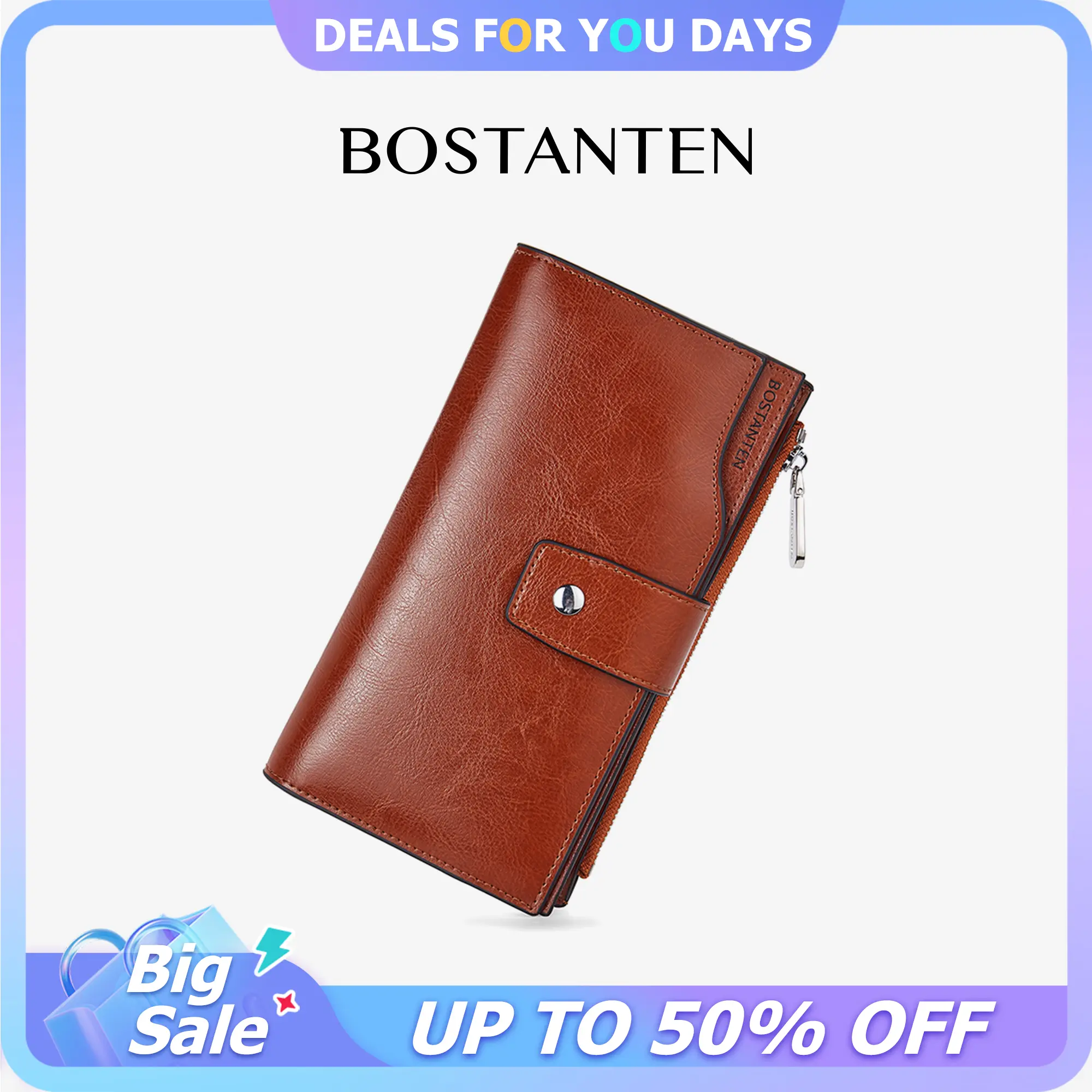 BOSTANTEN Luxe Genuine Leather Women's Wallet - RFID Blocking, 20 Card Slots, Phone Holder, Zipper Coin Pocket, Long Bifold, Everyday Wallets for Women, Phone-Ready Clutch Style, Ladies Gifts