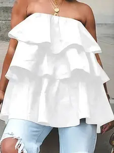 Women's Plain Layered Casual Tube Ruffle Tube Top Top for Summer, Ladies Clothes for Daily Wear