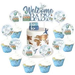 1Set Travel Baby Shower Cake Topper Boy Blue Welcome Baby Shower Its A Boy Travel Airplane Cake Cupcake Toppers for Let the Adventure Begin Adventure Awaits Boy Baby Shower Party