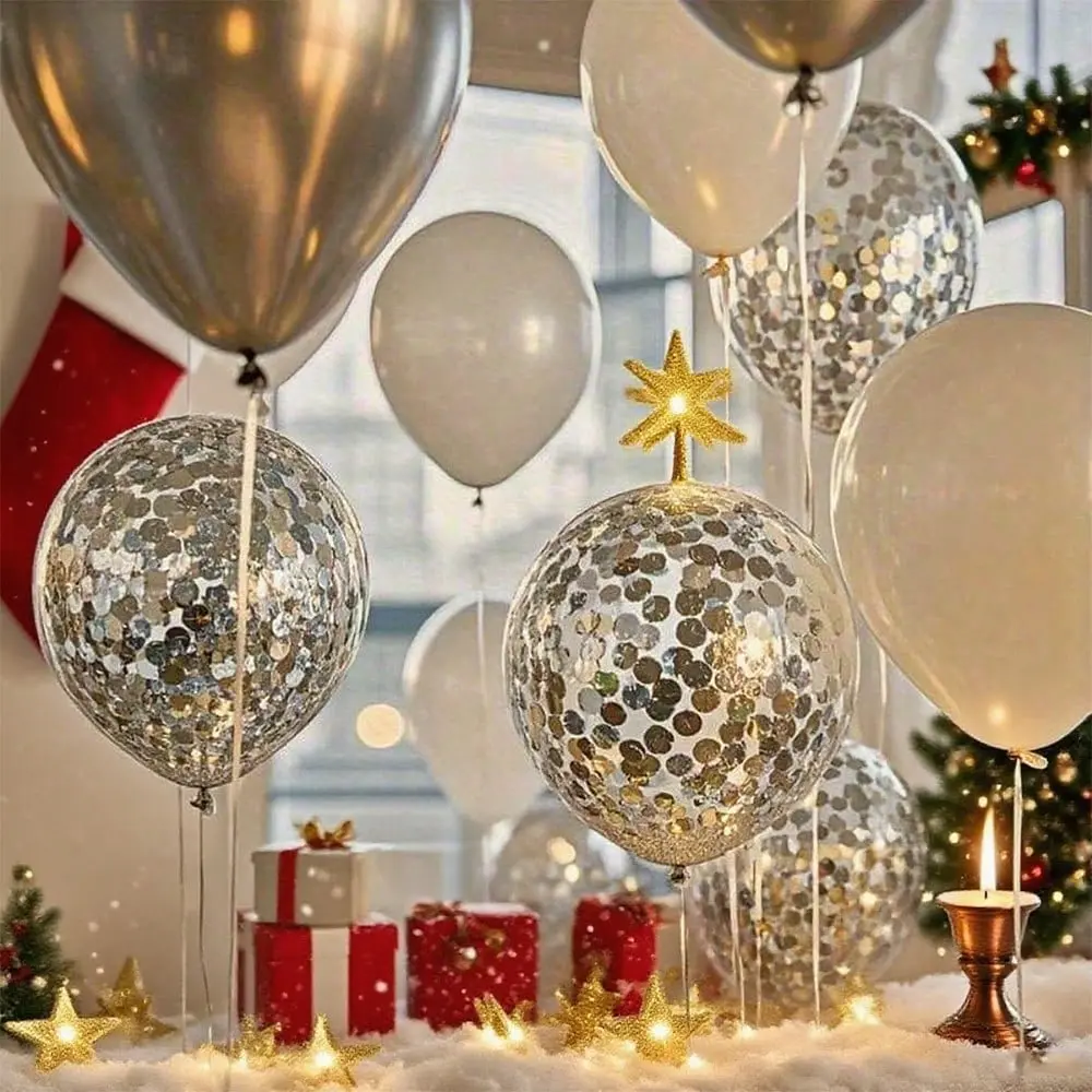 30pcs White Silver Glitter Balloon Arch Kit for Christmas Party Decor, Winter Wedding Background, New Year Eve Celebration, Elegant Halloween Party, Baby Shower Decorations, Anniversary Backdrop Supplies