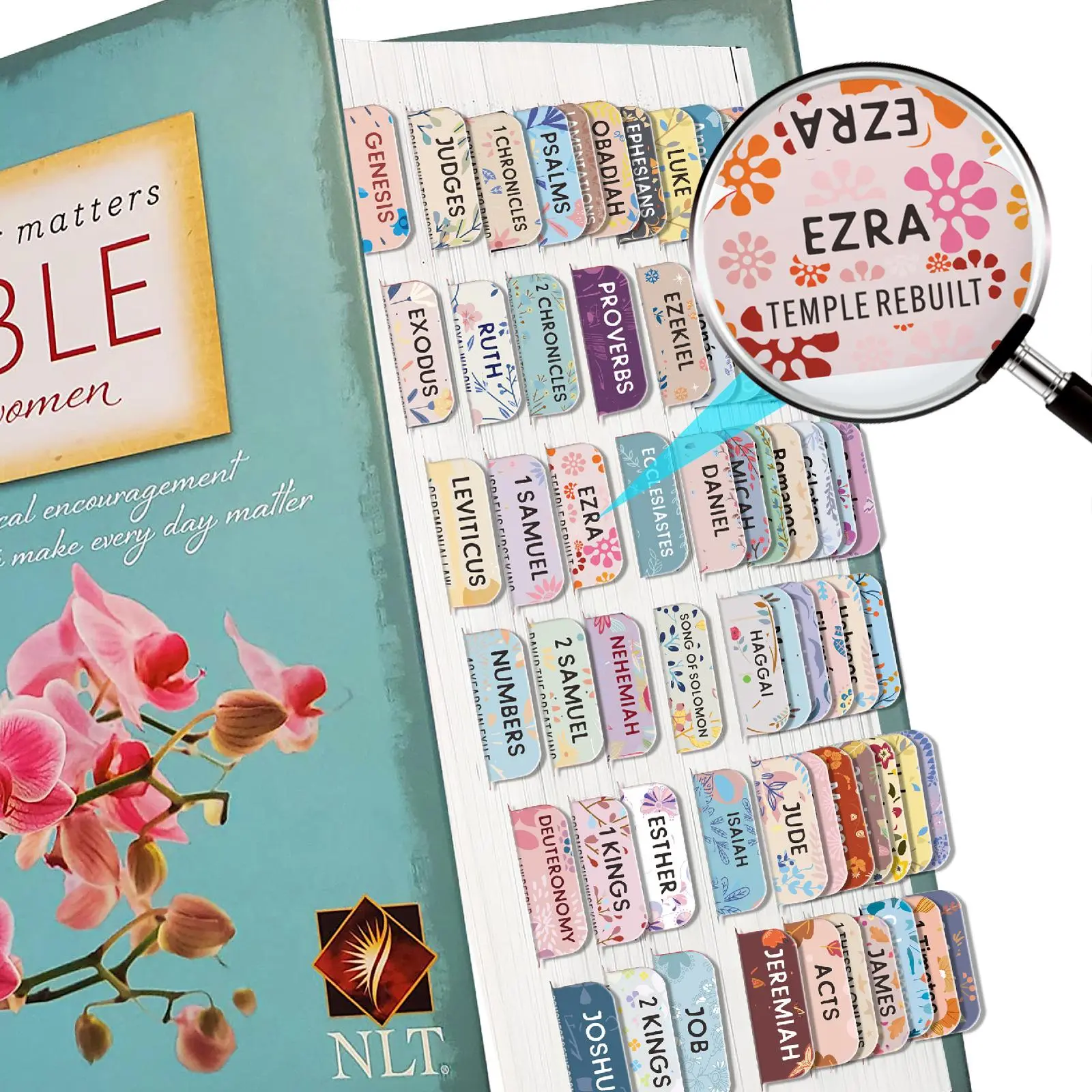 Bible Tabs, 5 Sheets/75pcs Pastel Bloom Bible Tabs, Peel-and-stick Laminated Bible Tabs, Bible Study Supplies, Book Accessories, for Easy Navigation, Book Reading Stickers