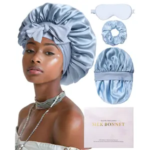 Mulberry Silk Bonnet Reversible for Sleeping Double Layer Adjustable Women Curly Hair Bonnet Hats Elastic Tie Band with Silk 1 Sleep Eye Mask and Silk 1 Hair Scrunchies,summerwins