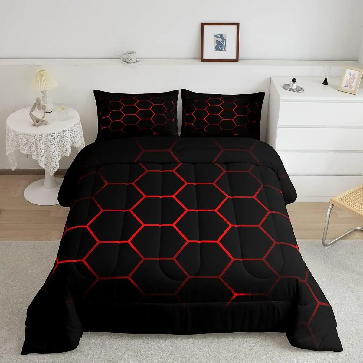 Geometric 3D Hexagon Honeycomb Microfiber Comfy Bedding Set - Soft, Breathable Modern Luxury Red-Black Quilt & Bedspread Set for King/Queen Modern Bedrooms with Colorful Grid Neon Decor