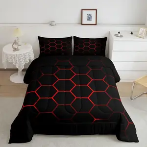 3D Hexagon Honeycomb Microfiber Comfy Breathable Decorative Bedding Set - Modern Luxury Red-Black Quilt with Colorful Grid Neon Decor, Comfy Bedding Set