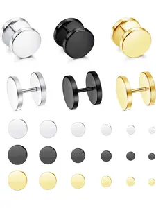 18 Pairs Stainless Steel Flat Stud Earrings Set for Men Women Faux Gauges Ear Tunnel Piercing Screw Earrings Silver Black Gold-Tone 5-10mm