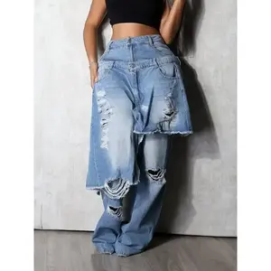 Women’s Loose-Fit High-Street Patchwork Casual Pants, New Fashion Style, Hip-Hop Ripped Design, Long Pants