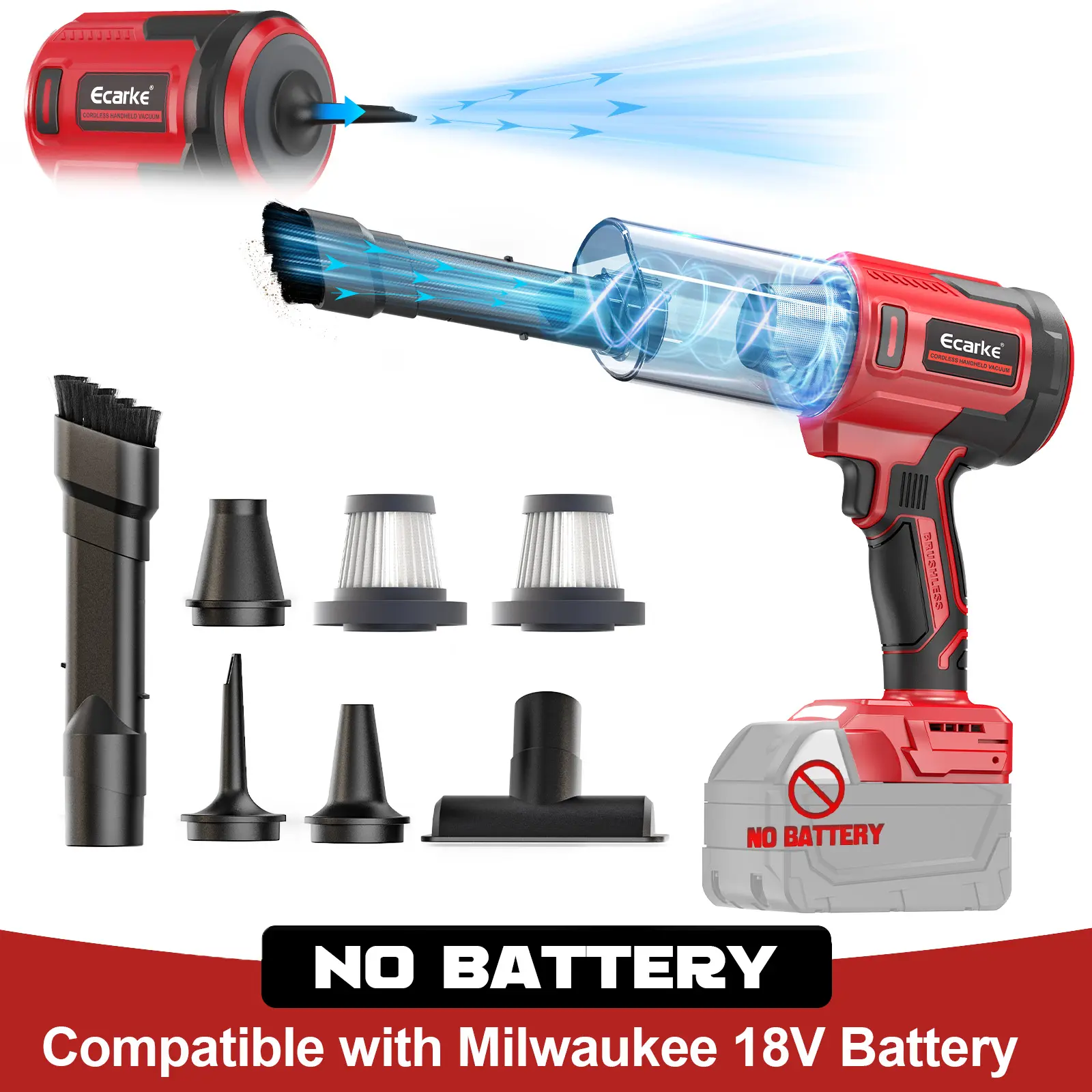 Cordless Car Vacuum Compatible with Milwaukee 18V Battery,【Battery NOT Included】 20000Pa High-Power 5-in-1 Handheld Vacuum & Air Blower, Air Duster and Pump for Car, Home, Office & Pet Cleanin