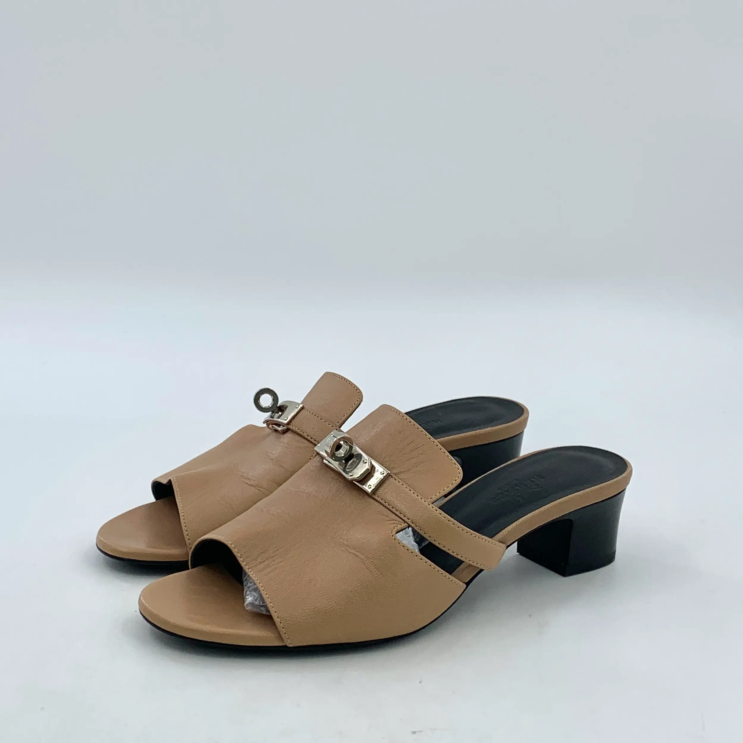 RDLT-Hermès Brown Kelly Leather Block Heel Sandals Size 36-X35720
