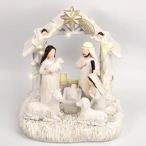 Nativity Set with LED Lights, Nativity Sets for Christmas Indoor, Resin Nativity Scene Indoor with Manger, Christmas Nativity Sets & Figures for Table Chrismas Indoor Decoration