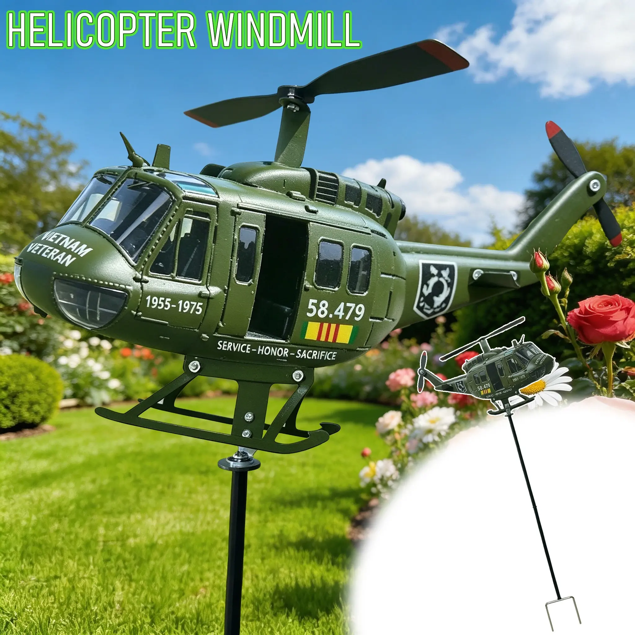 Metal Helicopter Shape Windmill, Garden Decorative Windmill, Garden Accessory, Perfect Gift for Father's Day and Graduation Season, Veteran Uh-1 Helicopter Wind Spinner, Veteran Tribute, Service, Sacrifice