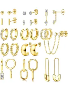 13 Pairs Diverse Golden Silvery Stud Hoop Earrings Set for Women Men Elegant Earring Hoops Studs Hypoallergenic Dainty 304 Stainless Steel Copper Earrings for Daily Wear Vacation Festival Party