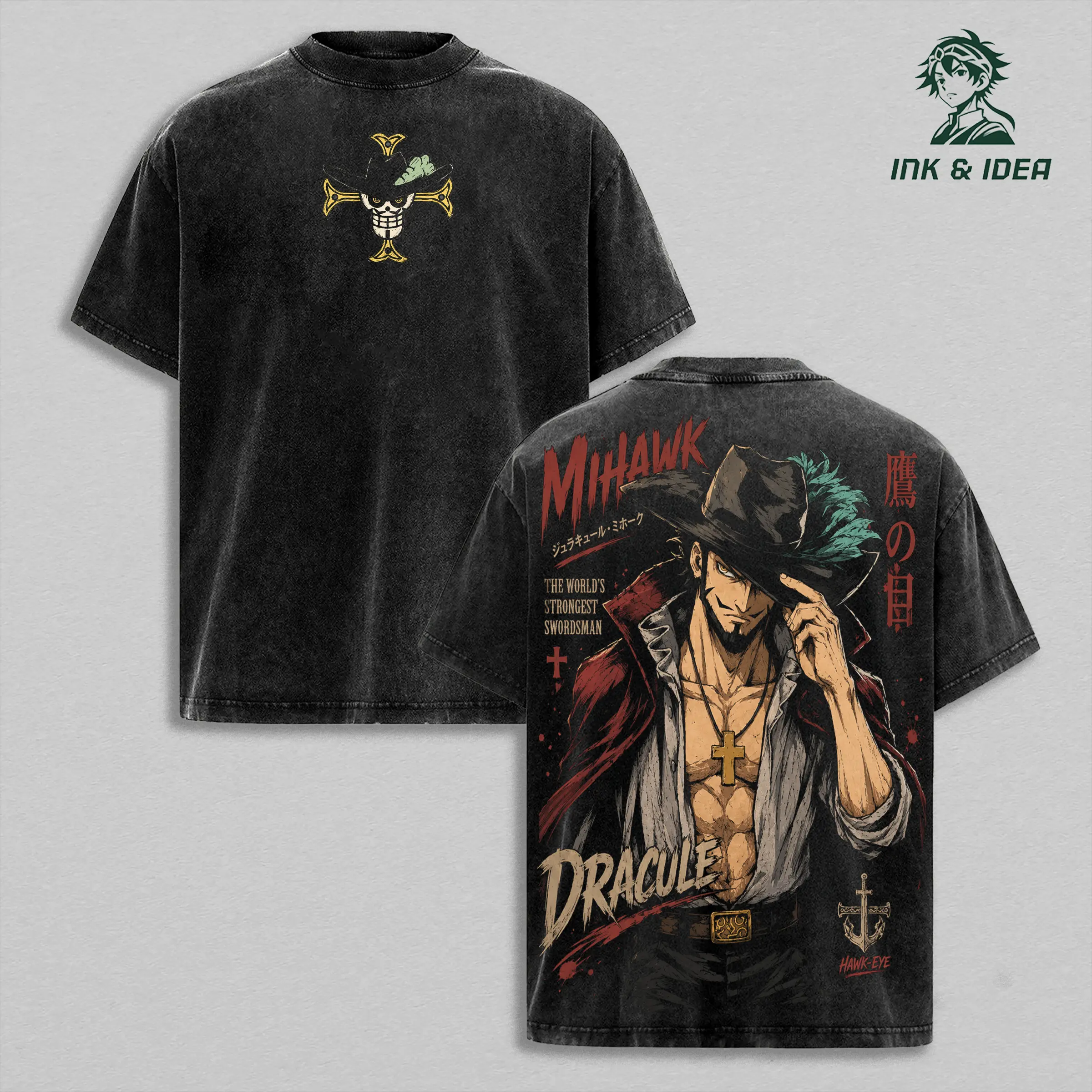 Hawk Eyes Mihawk Vintage Washed T-Shirt, One Piece Legendary Swordsman Anime Graphic Tee, Heavyweight Cotton Retro Streetwear, Unisex Manga Fan Gift