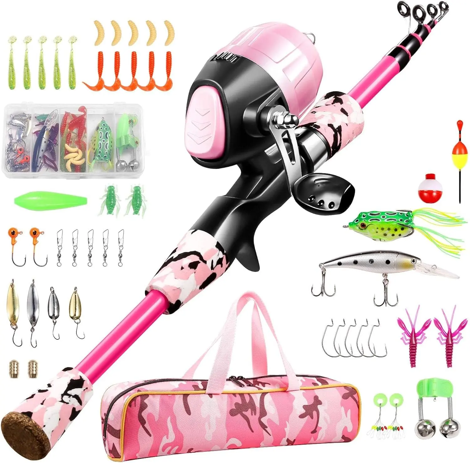 Kids Fishing Pole - Telescopic Fishing Rod and Reel Combo Kit - Fishing Gear, Fishing Lures, Carry on Bag, 70 Set Fully Fishing Equipment - for Boys, Girls, Youth Gamashino