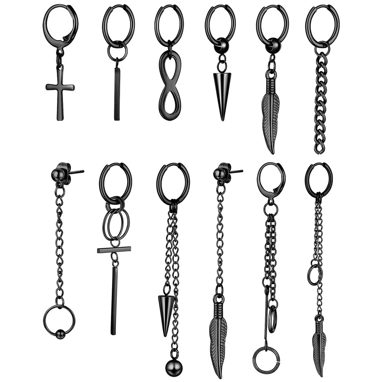 OIDEA 12-Pair Punk Mix Earring Set - Stainless Steel Hoops, Long Chains, Cross, Spike & Feather Accents for Earring Stack, Layered Looks - Gift-Ready Alternative Jewelry, Cross Hoop Earrings, Hoop & Chain