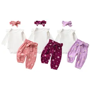 Newborn Infant Girl Clothes Rib Knit Long Sleeve Romper Daisy Print Belted Pants Headband Baby Clothes for Girls 0 3 6 12 18 24 Months