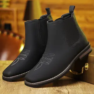 Men's Chelsea boots square toe, mid tube, handembroidered British style, autumn and winter hikingfashion casual shoes