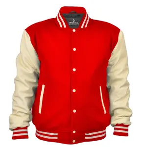 Deckra Men's Handmade Varsity Baseball Jacket - Genuine Leather Longsleeves, Wool Body, Button Front, Customizable Red/Cream Tops, Embroidery, Pocket, Casual Menswear Coat