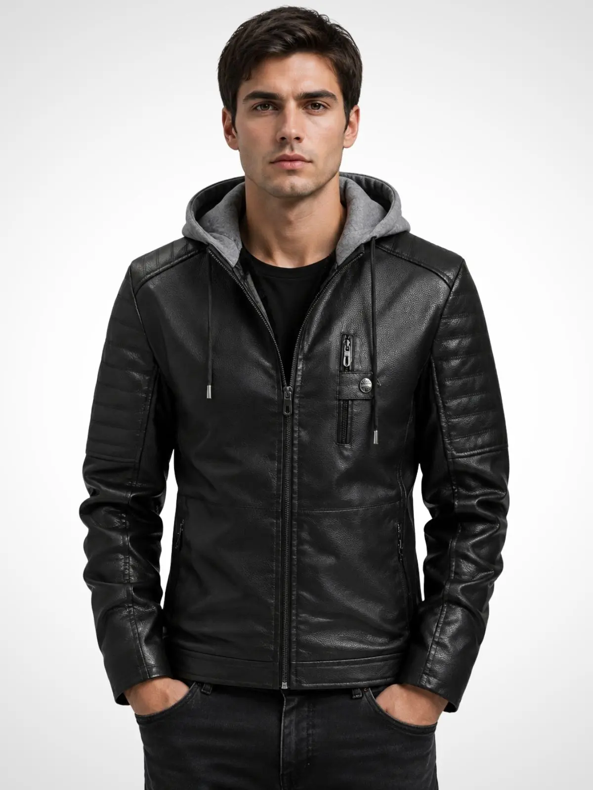 Men’s hooded thick leather jacket, multi-pocket motorcycle jacket—casual, trendy, versatile for everyday wear