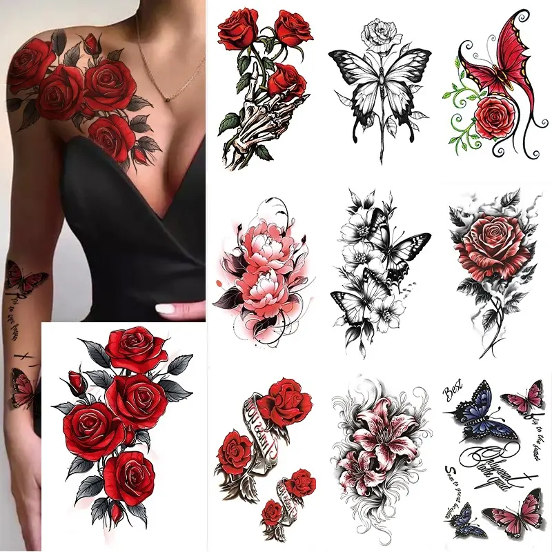 10 Sheets Waterproof Body Art Arm leg Temporary Tattoo Sticker Black Red Rose Flower Wing  Butterfly Suit for Men and Women