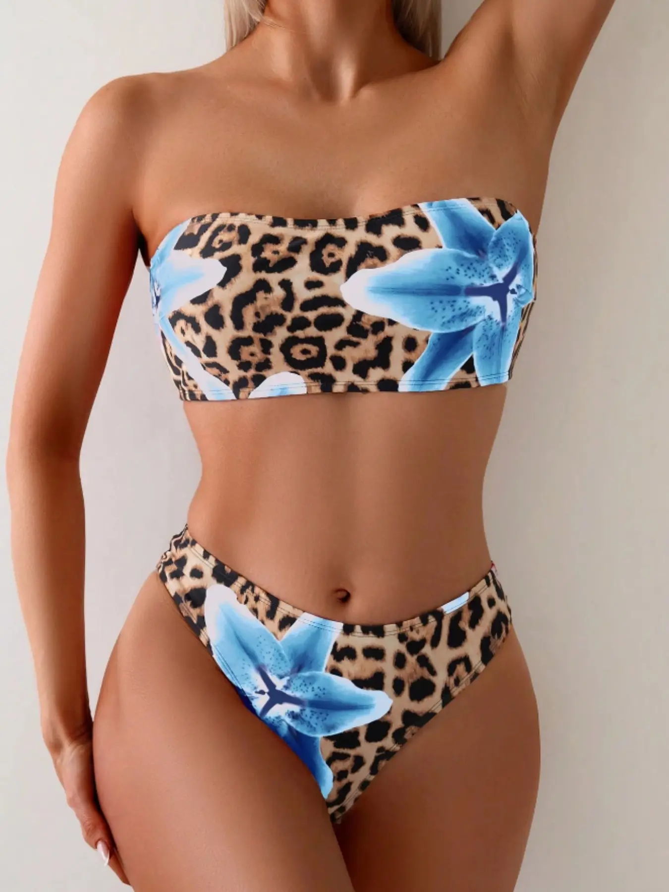 Wild Leopard Print Swimsuit Set, Blue Floral Halter Top + High Waist Triangle Pants, Sexy Tight Design, Beach Vacation Must-Have, Fitted Triangle Swimwear, Summer Swimsuits