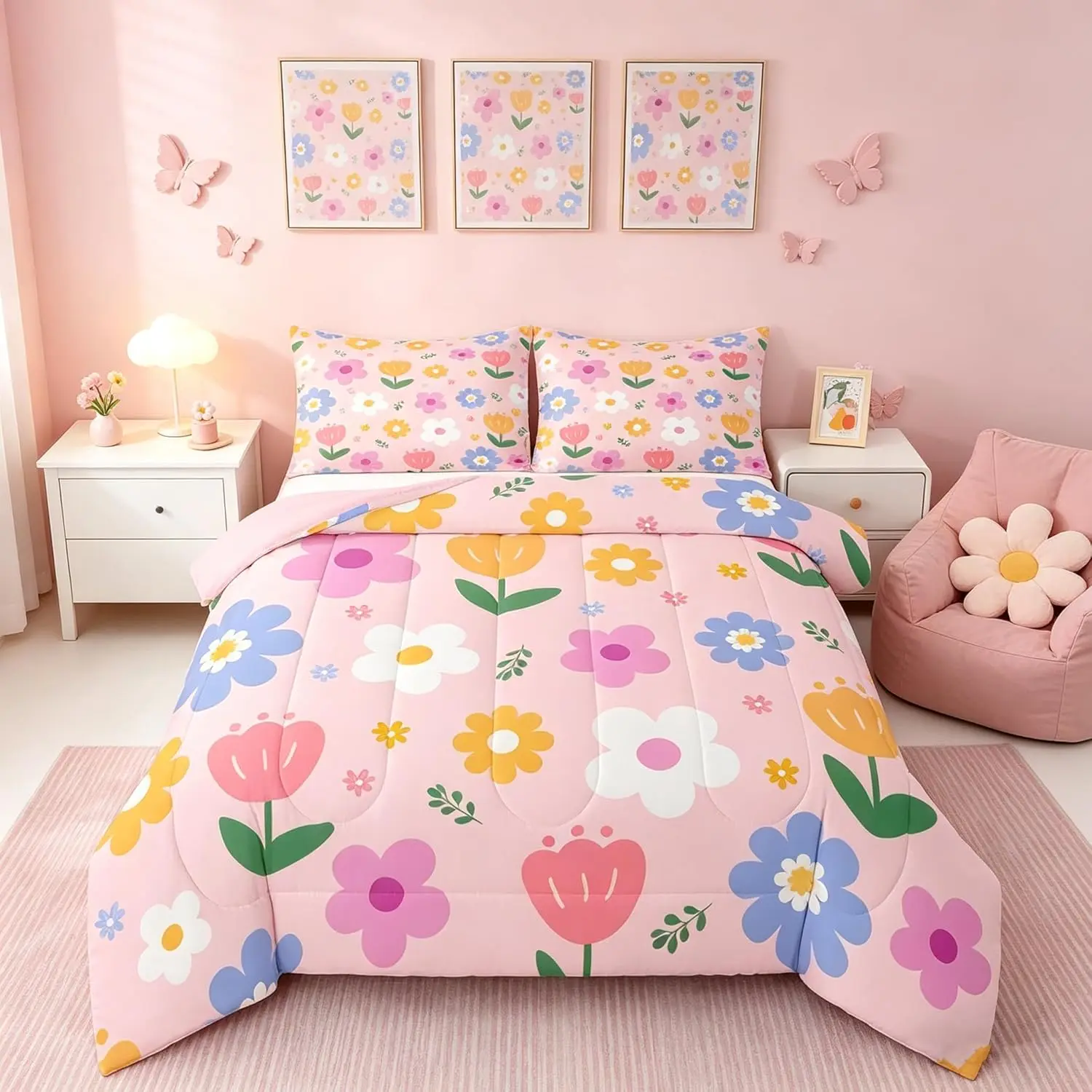 Cute Floral Kids Comforter Set Cartoon Flower Bedding Set Spring Garden Duvet Quilt for Kids Boys Girls Bedroom Kawaii Pink Decor Microfiber Ultra Soft Breathable