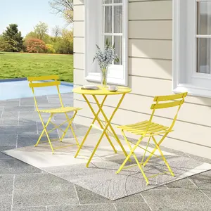 【Christmas Gift】3 Piece Folding Outdoor Furniture Set, Metal Frame Bistro Table and Chairs Set with 1 Table and 2 Chairs, Suitable for Small Spaces, Indoor, Balcony, Patio, Lawn, Deck and Bistro, Yellow