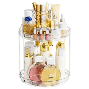 Rotating Makeup Organizer for Vanity, 2 Tier Perfume Skincare Organizers and Storage for Bathroom Countertop, Acrylic Spinning Counter Cosmetic Holder for Dresser