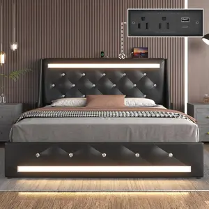 Upholstered Full Size Bed Frame with LED Lights, Charging Station, Side Pocket, Diamond Wingback Headboard and Wood Slats Support - No Box Spring Needed, Black