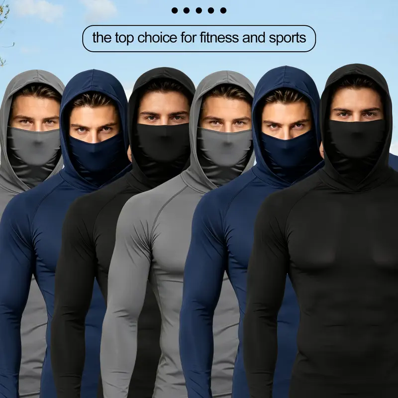 Men's 6 Pack Hooded Compression Long Sleeve Shirts with Built-in Face Mask, UPF 50+ Quick Dry Athletic Base Layer Tops for Cycling Running Outdoor Sports School Opening Season