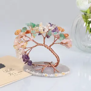 MollyGems Handmade Colorful Crystal Money Tree Agate Slice Base Feng Shui Bonsai Crystal Tree of Prosperity Home Office Bedroom Decor Gift Idea