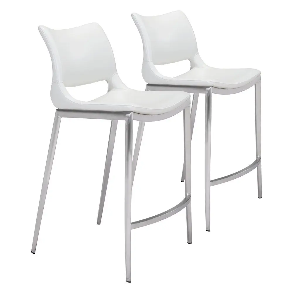 2-Piece White Faux Leather Counter Stools with Silver Steel Legs and Footrest Bar