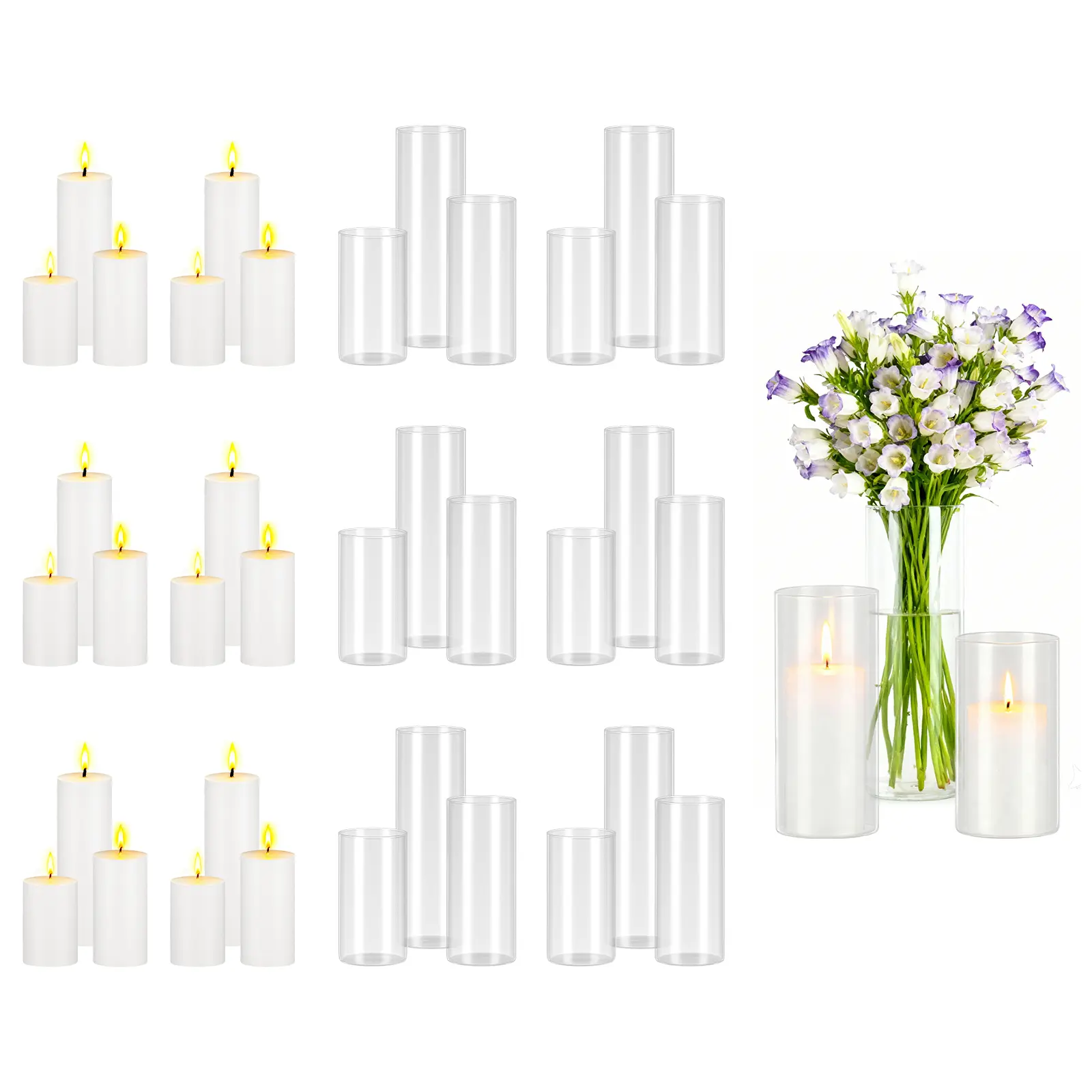 【SummerFinds】VEVOR Pillar Candles and Glass Vases Set 36 Pcs, Clear Cylinder Hurricane Candle Holders for Wedding Centerpieces, Tall Vase for Table Decor, Wedding Party, Thanksgiving,White (2.56" x 4.7",5.9",7.9")