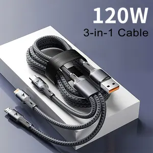 120w Multi-Function Durable Phone Charging Cable, Three-In-One Fast Charging Line, Supports Type-C, Micro USB, Lightning, Travel & Car Charger, 1.2m