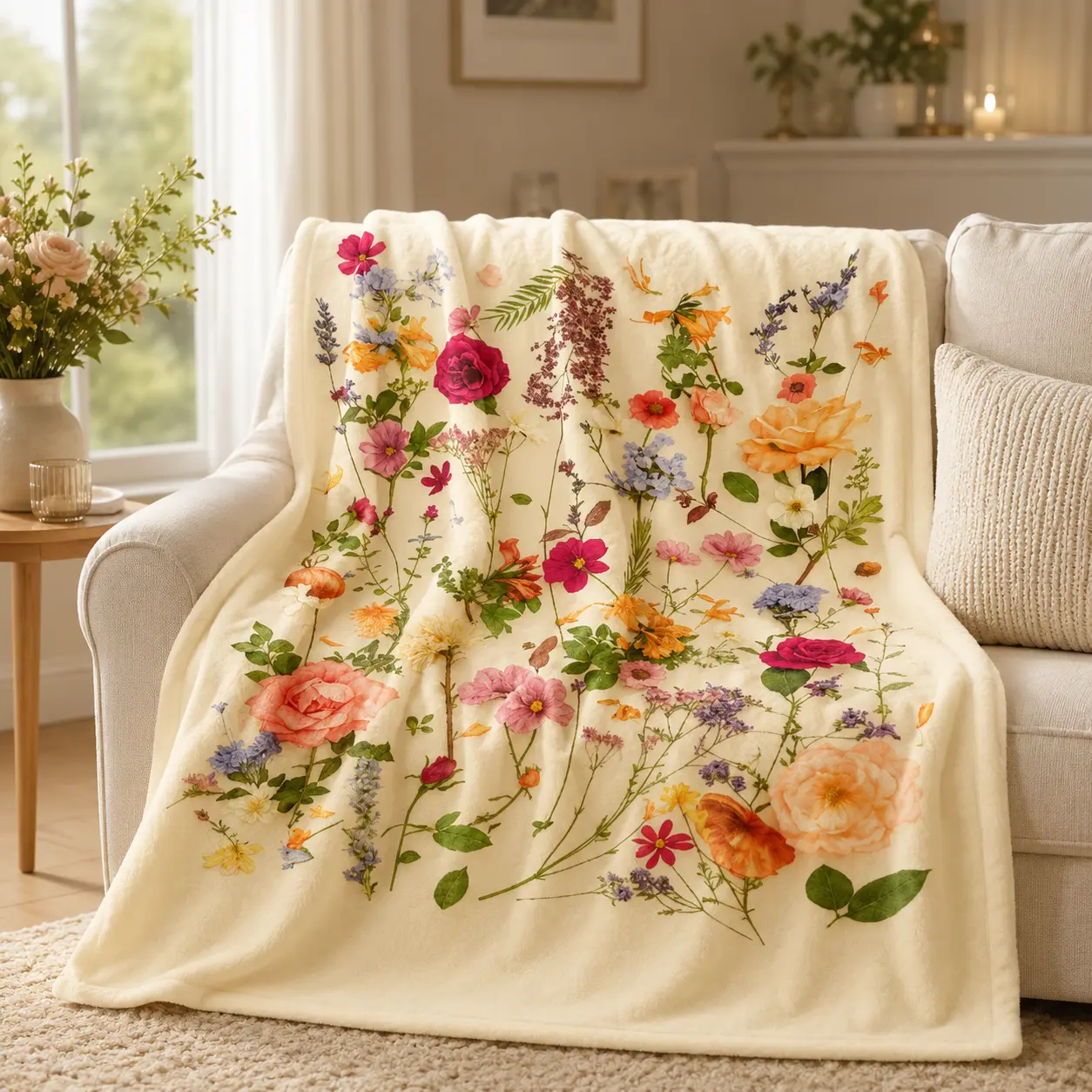 Vintage Watercolor Wildflower Botanical Bouquet Cottagecore Flannel Throw Blanket, Lightweight Soft Fuzzy Plush Blanket for Couch Bed Sofa, All Season Cozy, Elegant Floral Gift for Plant Lovers, Soft Pastel Garden Aesthetic Bedroom Living Room Home Decor