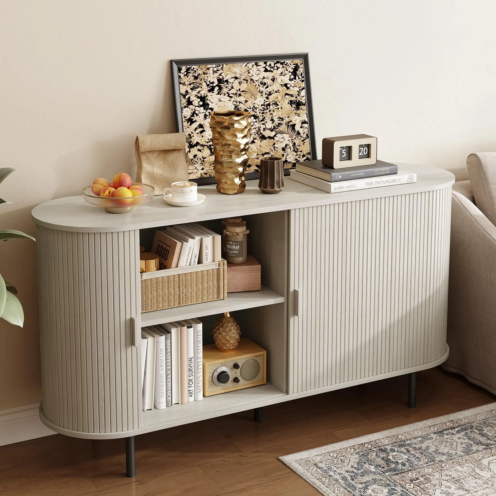 【SummerFinds】ONBRILL Sturdy Modern Vertical Wood Accent Cabinet - Multifunctional Storage Cabinet, 40/48/55/63" Hidden Storage, Coffee Bar Station Console Table with Sliding Door, 3 Shelf Heights Fit More Neatly for Kitchen, Entryway Decor