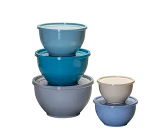 Nonslip Nesting Plastic Assorted Mixing Bowl Set with Lids 10 Pieces in Blue Gray Beige Colors for Mixing and Serving