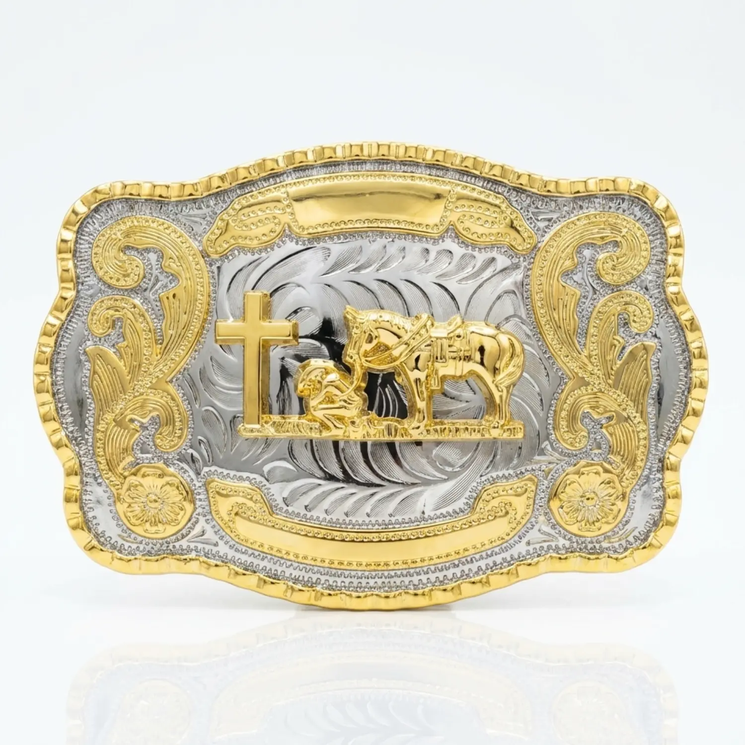 Men's Heavy-Duty Western Belt Buckle for Belts - 5 oz, 5.5"x4" 2-Tone Zinc Alloy, 3D Scene of Prayer, Large Rodeo Ranch Theme, Faith Gift for Dad/Grandpa, Christian Christmas Sunday Wear Accessory