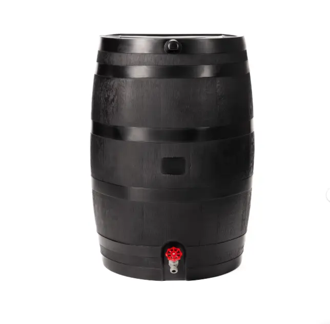RTS Home Accents Polyethylene 50 Gallon Flat Back Eco Rain Barrel, Black Color