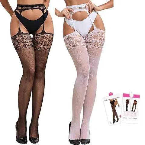Suspender Pantyhose for Women Pattern Lace Sheer Floral Fishnet Tights Party Cosplay Gothic Womenswear Thigh High Stockings with Garter Black Fishnet Leggings