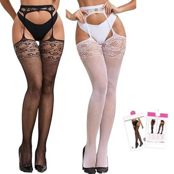 Suspender Pantyhose for Women Pattern Lace Sheer Floral Fishnet Tights Party Cosplay Gothic Womenswear Thigh High Stockings with Garter Black Fishnet Leggings