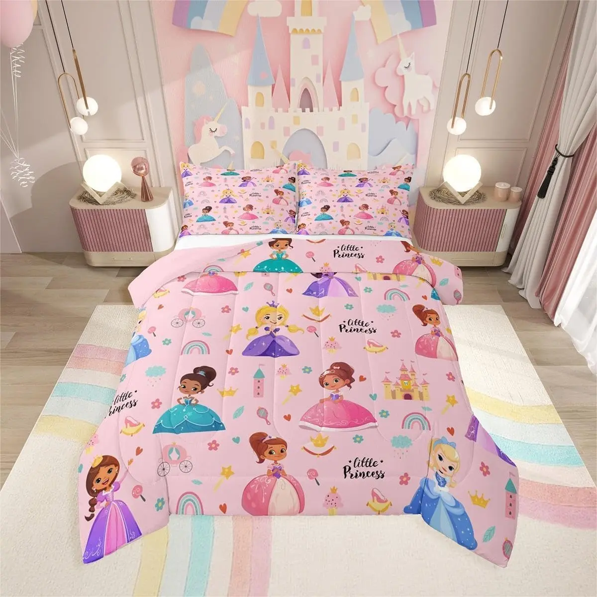 Feelyou Kids Magical Princess Microfiber Queen Comforter Set - Soft Warm Bedding, Magic Castle & Cartoon Rainbow All Over Print Duvets & Sets, Gentle Soft Printed Blanket, Breathable, Lightweight, Skin-Friendly, Camping-Ready Girl Room Decor, Gentle Soft