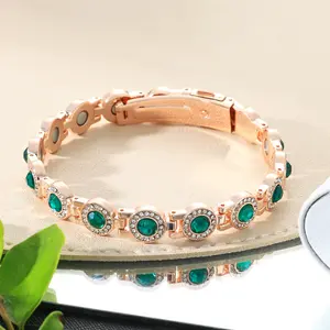 Stylish Single-Row Design: Round, Full-Diamond Magnetic Bracelet — Anti-Static Magnetic Therapy Bracelet | Rose Gold & Green Crystal | 3rd Generation Clasp Design