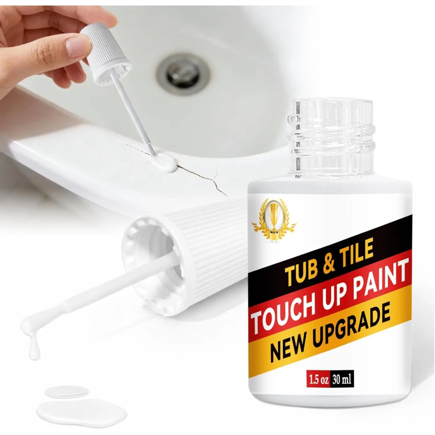 White Tub and Tile Touch-Up Paint - 30 ml (1.5 Fl Oz) Semi-Gloss Finish Waterproof Porcelain Repair Paint for Bathtubs, Sinks, Tiles, Covers Scratches, Chips on Enamel, Acrylic