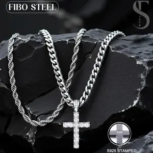 S925 Silver Cross Pendant Necklace Set for Men Women CZ Cross Pendant Layered Necklaces Stainless Steel Cuban Link Rope Chain Necklace Stack Jewelry with Gift Box 16-30 Inches