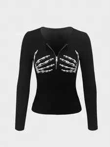 Women's Halloween Skull Skeleton Print Zipper Long Sleeve Top, Casual Fitted Kint Knit Fabric Knitwear, All Seasons Moderate Thickening, Ladies Fashion Clothing Womenswear