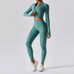 Yoga Suit Wear 3pcs Woman Long Sleeve 3 Piece Zip Up Gym Fitness Set With Jacket