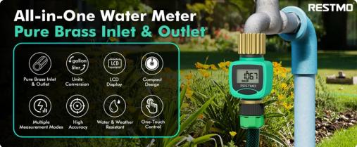RESTMO Water Flow Meter with Brass Inlet & Outlet, Measure Gallon/Liter Consumption and Flow Rate for Outdoor Garden Hose Watering, RV Water Tank Filling, Lawn Sprinkler and Nozzle Sprayer RESTMO Water Flow Meter with Brass Inlet & Outlet, Measure Gallon/Liter Consumption and Flow Rate for Outdoor Garden Hose Watering, RV Water Tank Filling, Lawn Sprinkler and Nozzle Sprayer