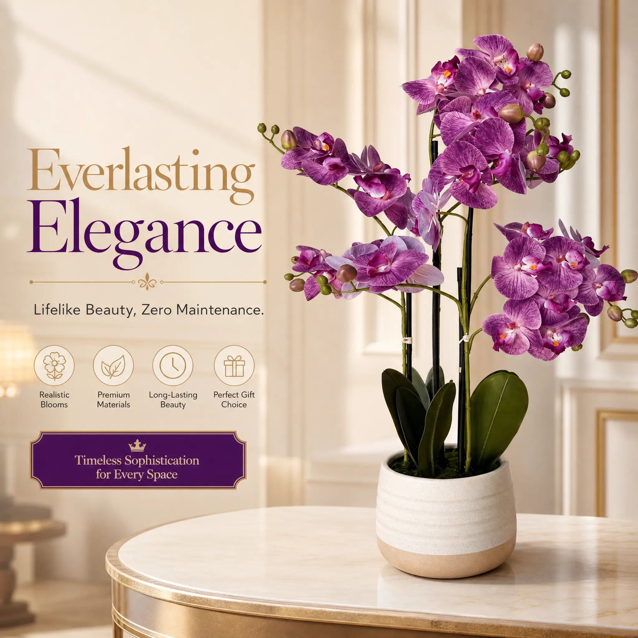 Purple Decorative Artificial Phalaenopsis Orchid Plant in Ceramic Pot - Low-maintain. Silk Flower Arrangement, Auspicious Garage/Study Daily Decor, Father's Day Gift