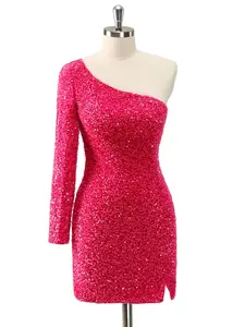 ZAPAKA Hot Pink One Shoulder Glitter Sequins Homecoming Dress with Slit for Summer Chic Contemporary Sophisticated Shimmering Cocktail Party
