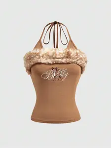 Kawaii Y2K Vintage Sexy Halter 2 In 1 Furry Deer Embroidery Bodycon Camisole